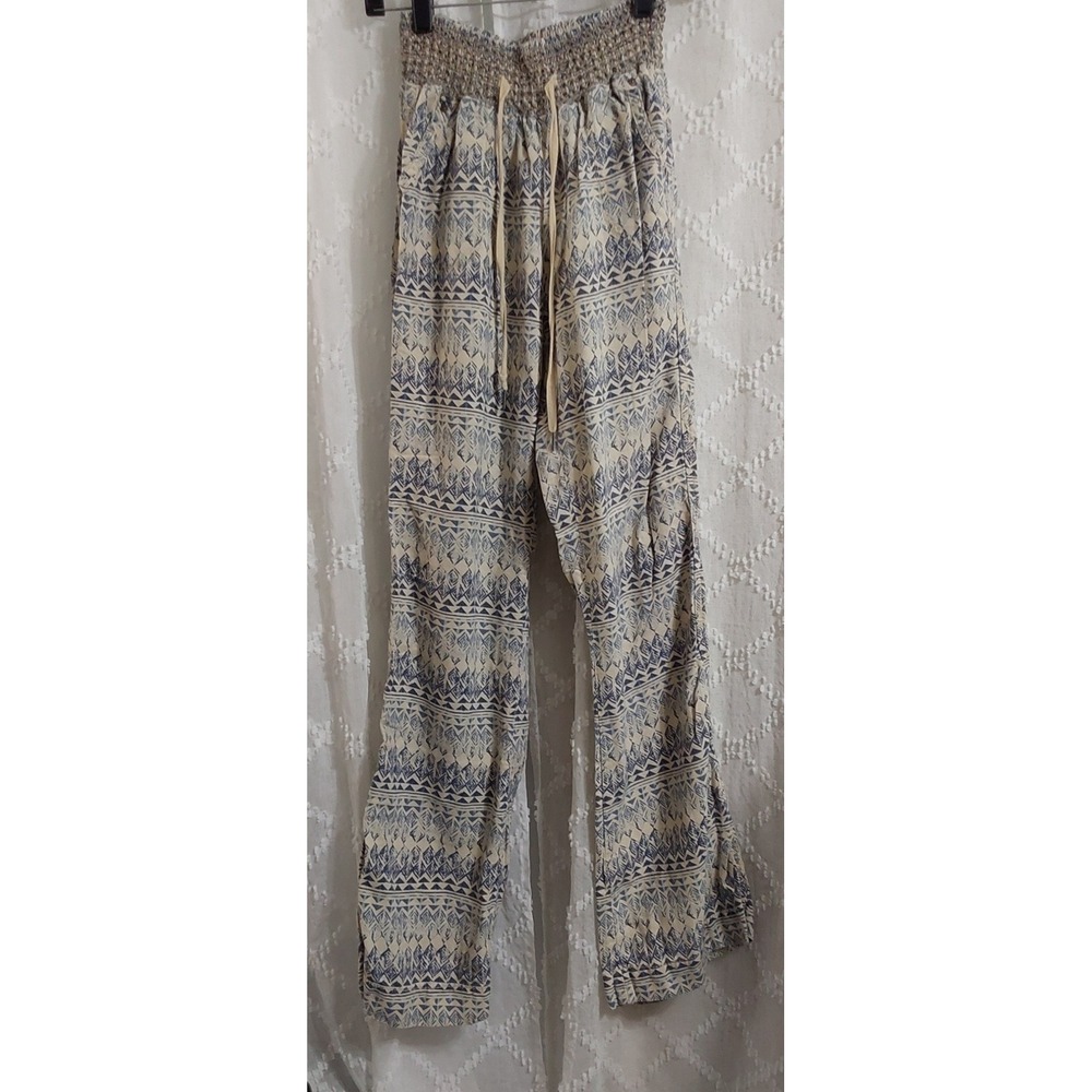 Rewash Women Large Linen Blend Tribal Geometric Print Smocked Waist Pants Blue